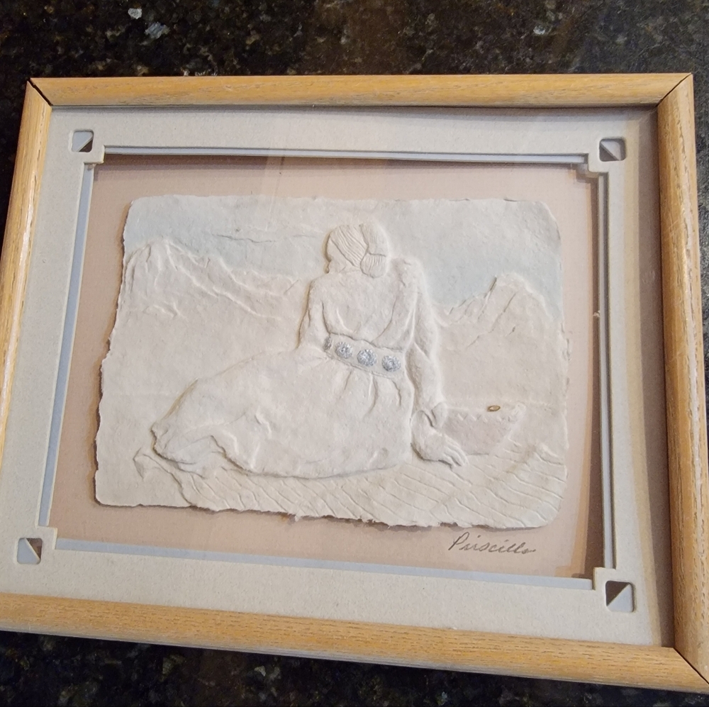 Figi Graphics Signed Priscilla 3-D Hand Cast Paper Framed 9x11 inch Wall Art
